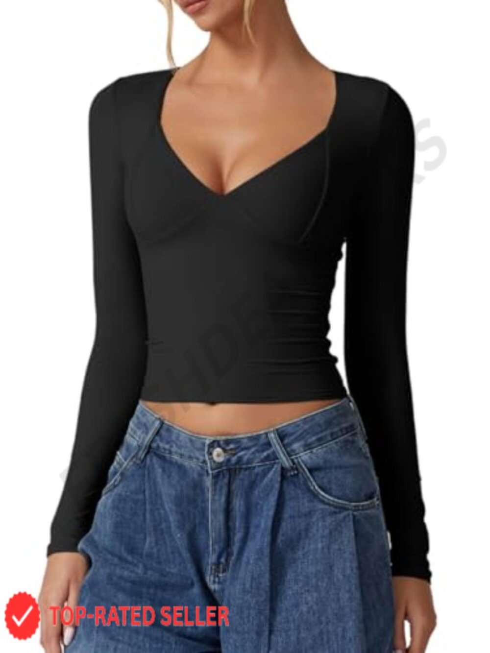Long Sleeve V Neck Seamed Cup Double Lined Crop Top